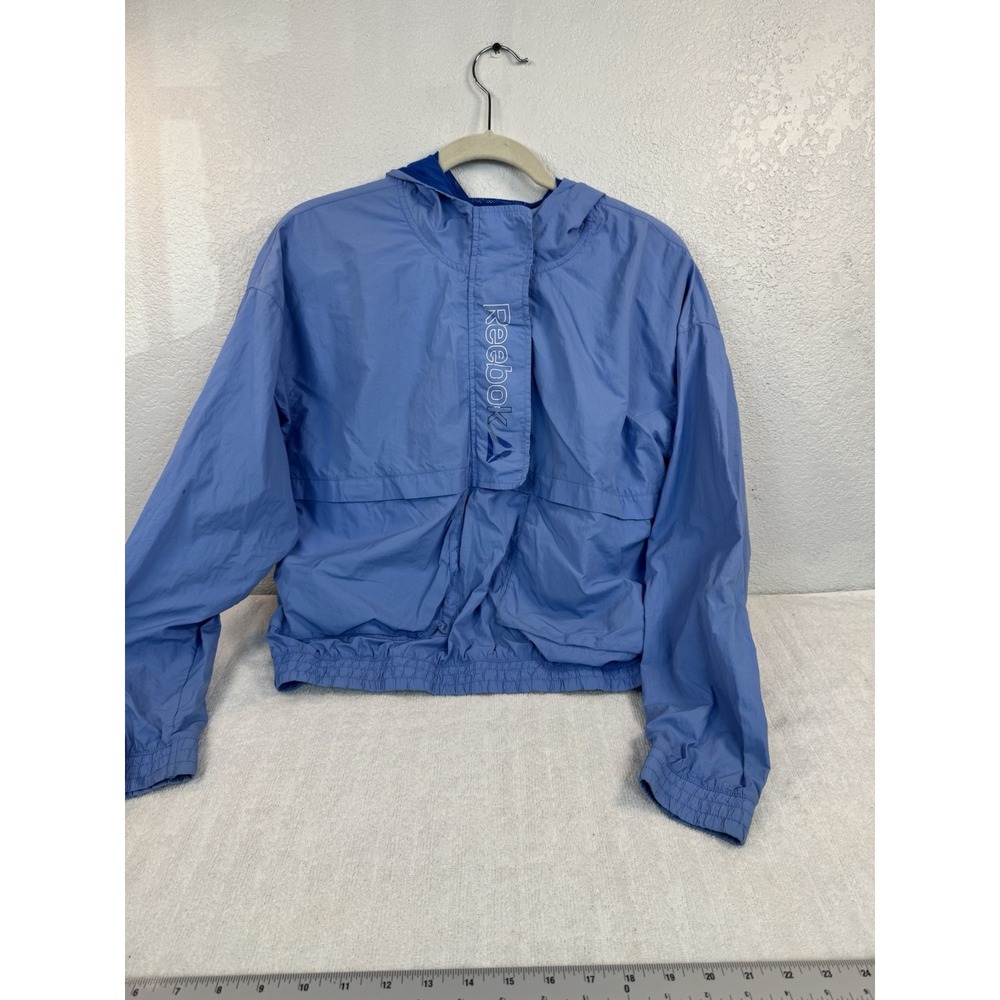 (409) Reebok Women Cropped Windbreaker Jacket Blue Hooded Athletic Small (Read)